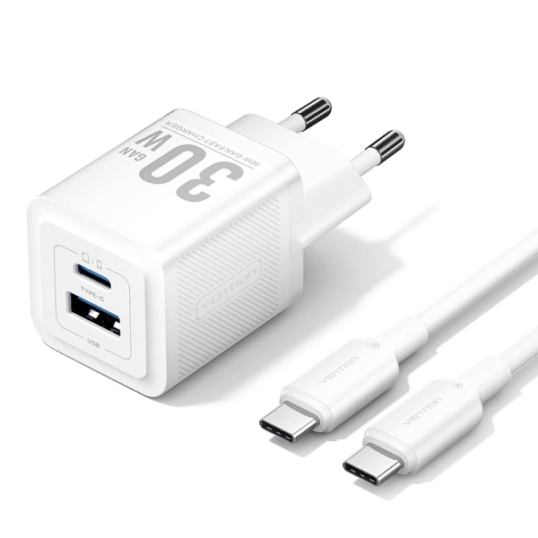 Caricabatterie da muro Vention GaN USB-C 30W - Cavo USB-C da 1 m - Bianco