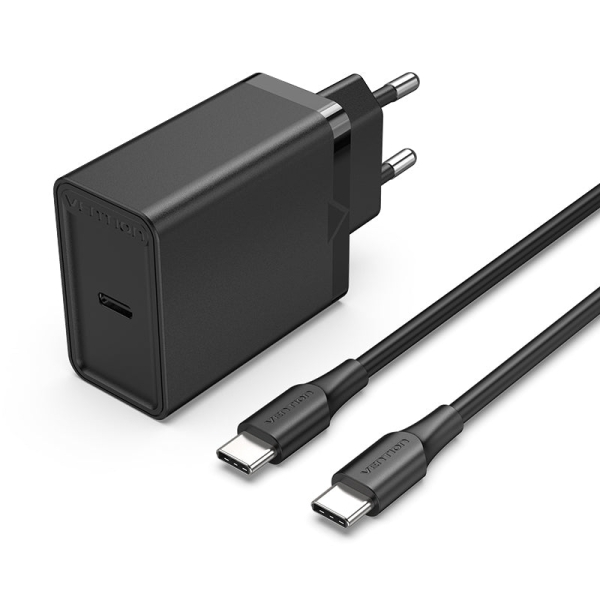 Vention Cargador de Pared USB-C 25W - Cable USB-C 1m - PD3.0 - Color Negro