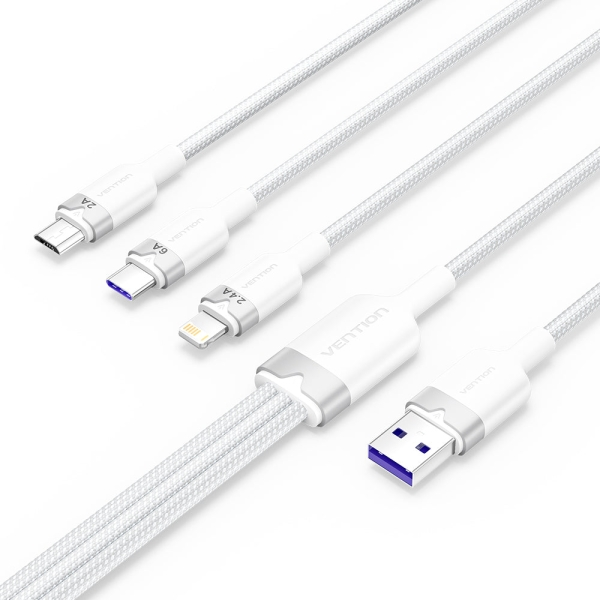 Cavo Vention USB-A 2.0 a USB-C Lightning Micro-B 6A - 15 m - Intrecciato - Bianco