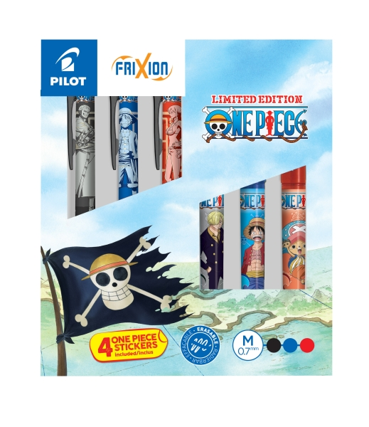 Pilot One Piece Collector's Box con 3 penne a sfera Frixion + 3 penne a sfera Frixion Plus + 4 adesivi gratuiti - Cancellabili - Ricaricabili - Colori assortiti