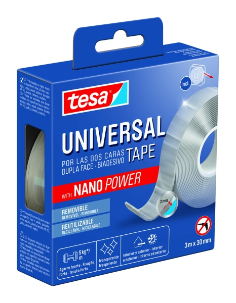 Nastro biadesivo universale Tesa con nano-potenza 30 mm x 3 metri resistente rimozione senza residui riutilizzabile per interni ed esterni trasparente.