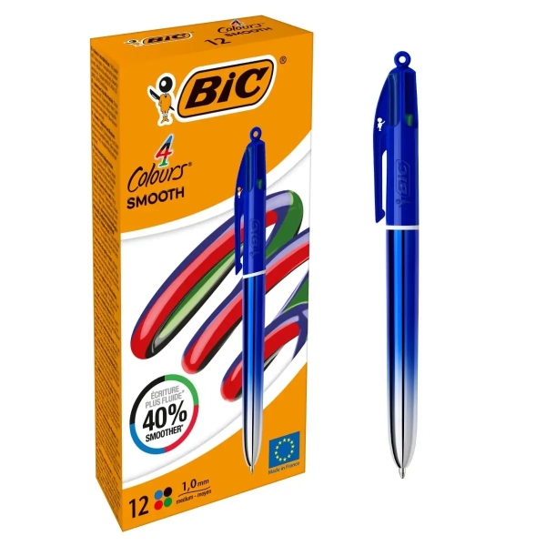 Penna a sfera retrattile Bic 4 Colors Smooth Gradient Blue - Punta media da 10 mm - Scrittura più fluida del 40% - 4 colori