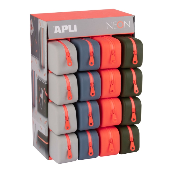 Apli Neon - Vetrina espositiva da 16 custodie rettangolari in silicone - Cerniera idrorepellente - Misure 75x185x55 mm - Colori assortiti