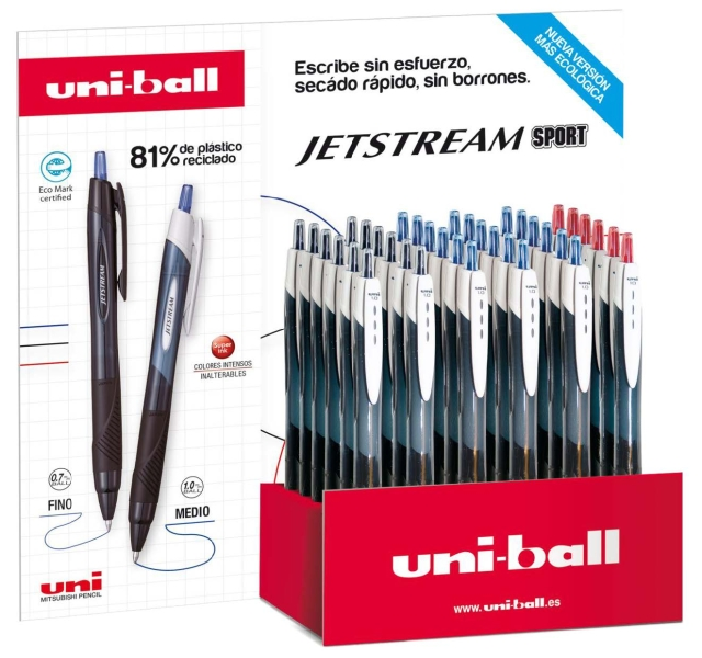 Espositore Uni-ball JetStream Sport SXN-150E con 36 penne a inchiostro pigmentato - Punta a sfera da 1 mm - Retrattile - Asciugatura istantanea - Ideale per mancini - Colori assortiti