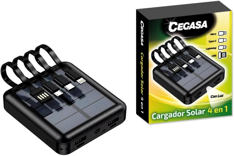 Cegasa Power Bank solare 4 in 1 da 5000 mAh - Uscite USB-C illuminazione USB-A micro USB - Con torcia - Nero
