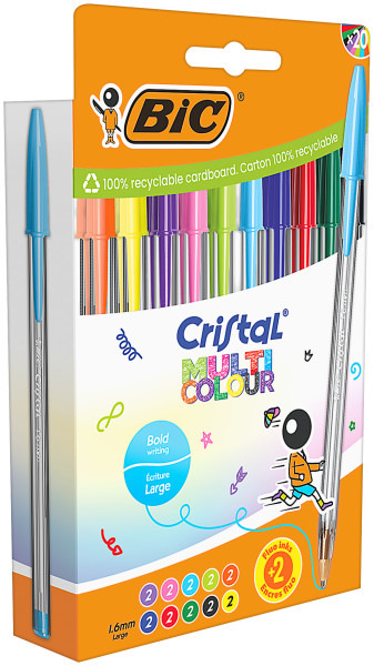 Confezione da 20 penne a sfera Bic Cristal Multicolor - Punta da 16 mm - Tratto da 042 mm - Inchiostro a base di olio - Colori assortiti