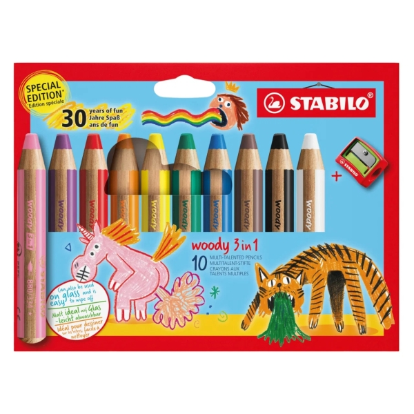 Stabilo Woody 3 in 1 30° anniversario Unicorno e Tigre Confezione da 10 matite colorate + temperino - Matite colorate a cera e acquerellabili tutto in uno - Mina XXL da 10 mm - Colori assortiti