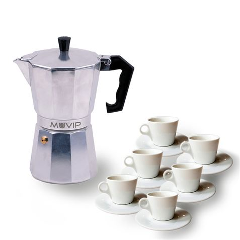 Caffettiera in alluminio Muvip MV0601 - Capacità 6 tazze - Manico ergonomico - Antiaderente - Adatta a fornelli elettrici in ceramica e a gas - Colore alluminio
