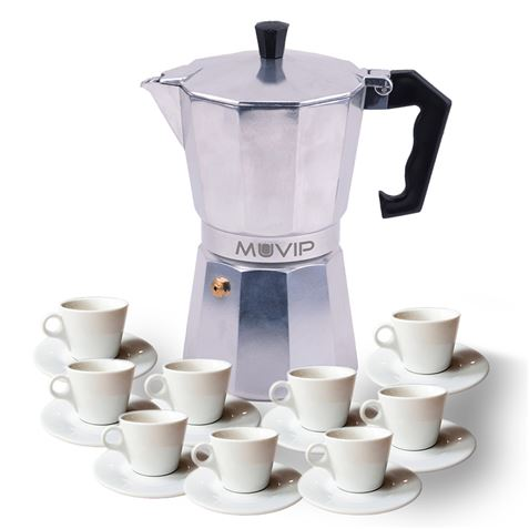 Caffettiera in alluminio Muvip MV0602 - Capacità 9 tazze - Manico ergonomico - Antiaderente - Adatta a fornelli elettrici in ceramica e a gas - Colore alluminio