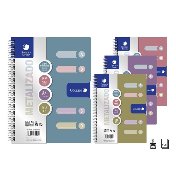 Confezione da 6 quaderni A4 dorati 120 fogli griglia 90gr 5x5 4 divisori copertina in polipropilene colori metallizzati assortiti