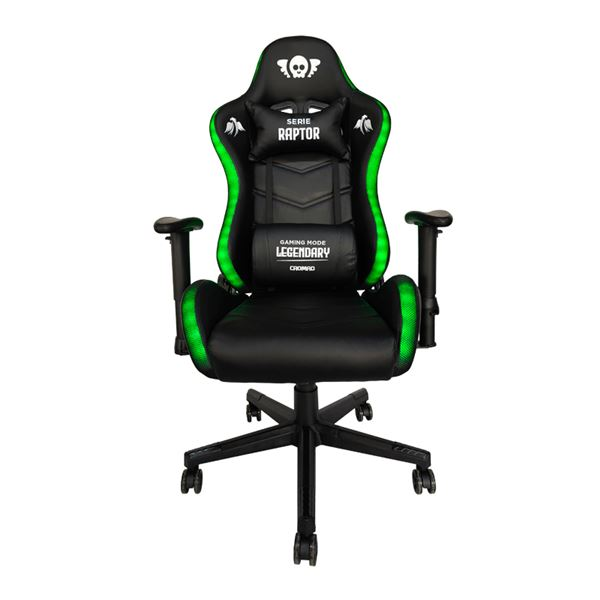Sedia da gaming Cromad Raptor Legendary Series - Altezza regolabile con pistone a gas di classe 2 - Inclinazione fino a 180° - Cuscini lombari e cervicali - Ruote in nylon da 60 mm - Illuminazione RGB - Nero