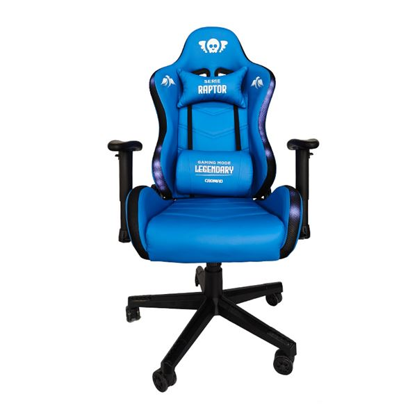 Sedia da gaming Cromad Raptor Legendary Series - Altezza regolabile con pistone a gas di classe 2 - Reclinabile fino a 180° - Cuscini lombari e cervicali - Ruote in nylon da 60 mm - Illuminazione RGB - Blu