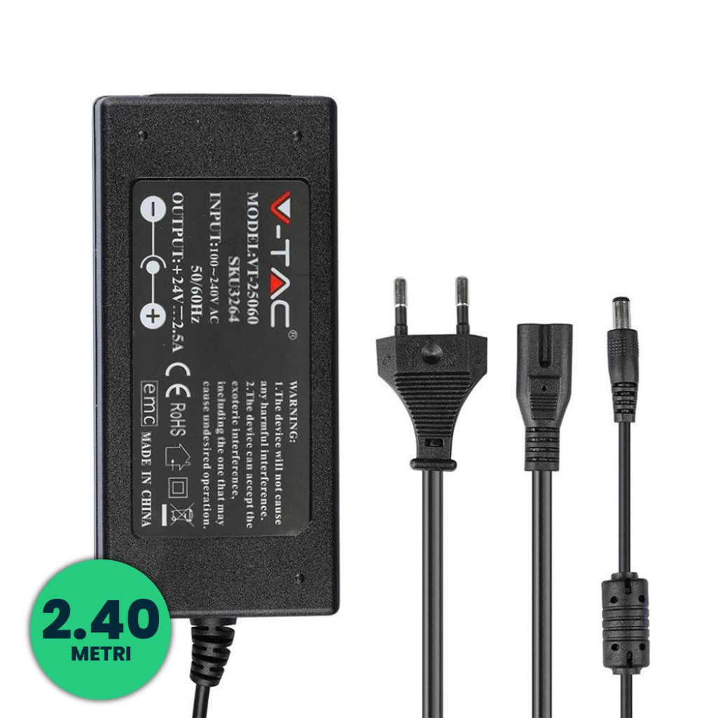 V-TAC Alimentatore per Strip LED 60W 24V 2.5A Plug and Play con Jack 2.1 e Cavo 2.4m con Spina Protezione EMI e Cortocircuito IP44