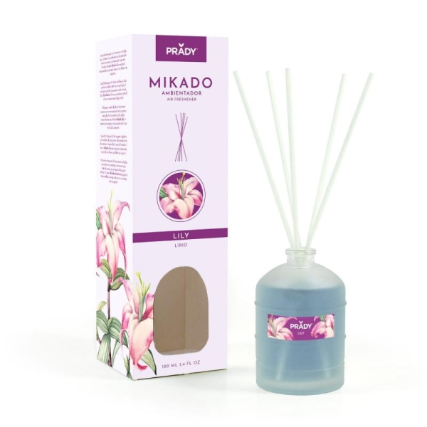 Deodorante per ambienti Prady Mikado Lily - Flacone in vetro da 100 ml e bastoncini diffusori