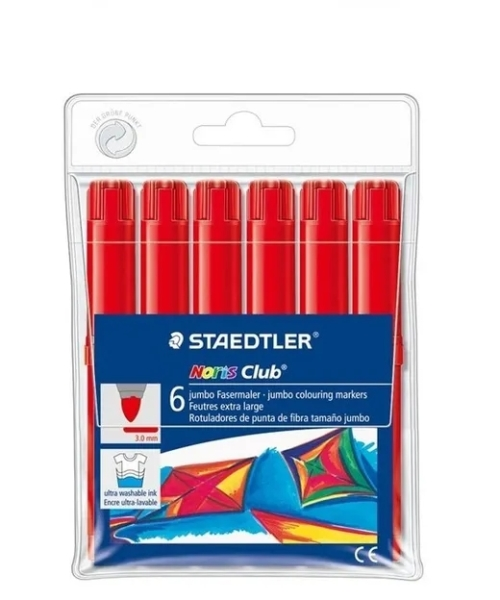 Staedtler Noris Jumbo 340 Confezione da 6 pennarelli Jumbo - Punta in fibra - Tratto 3 mm - Cappuccio ventilato - Rosso