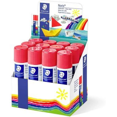 Staedtler Noris Espositore da 12 Stick di Colla 20gr - Senza Solventi - Uso Scolastico - Incolla Carta Cartone Tessuto ecc