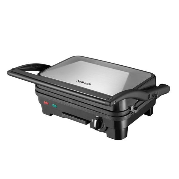 Muvip Sandwich Maker in Acciaio Inox 1800W - Piastre Reversibili Antiaderenti Liscia - Selettore di Temperatura - Piastra Superiore Inclinabile - Maniglie Cold Touch