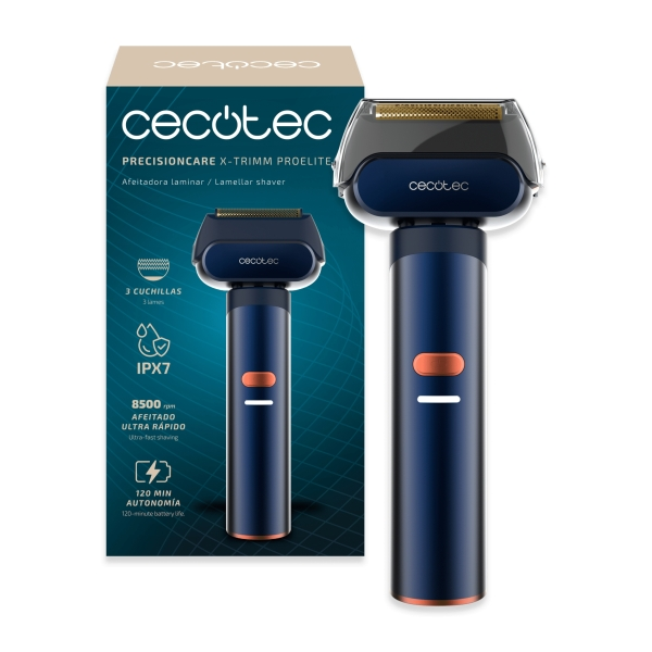Cecotec Rasoio Laminare Professionale Precisioncare X-Trimm Proelite. Alluminio, 8500 Giri/Min, 3 Lame In Titanio, 3 Velocità, Autonomia 2 Ore, Impermeabile IPX7, Ideale Per Viaggi, Blocco Di