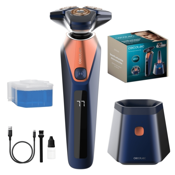 Cecotec Rasoio rotante PrecisionCare Sapphire Pro con base autopulente - Fino a 90 minuti di autonomia - Lame in titanio - Diverse velocità - Liquido 