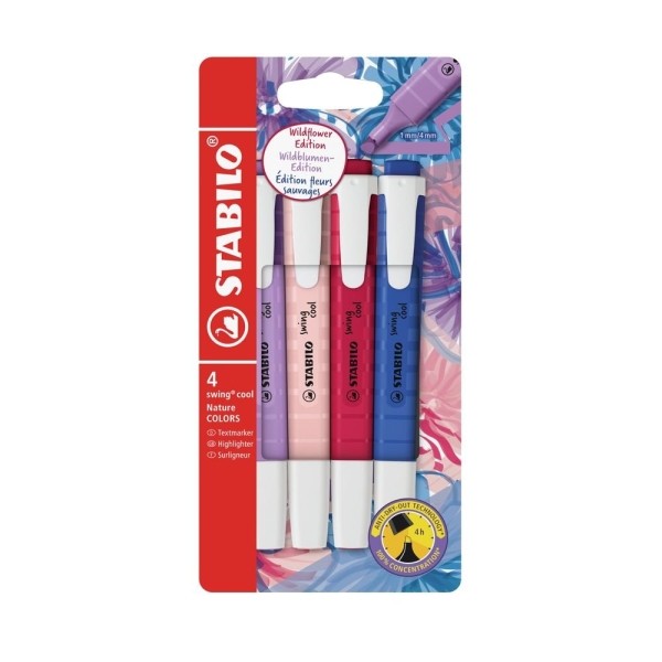Set di 4 pennarelli Stabilo Swing Cool Naturecolors Wildflower - Corpo piatto - Punta a scalpello - Tratto da 1 a 4 mm - Inchiostro a base d'acqua - Anti-essiccazione - Colori assortiti