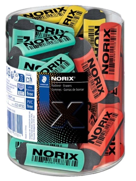 Staedtler Norix Expositor con 30 Gomas de Borrar - Sin PVC Ftalatos ni Latex - Minimo Residuo - Colores Surtidos