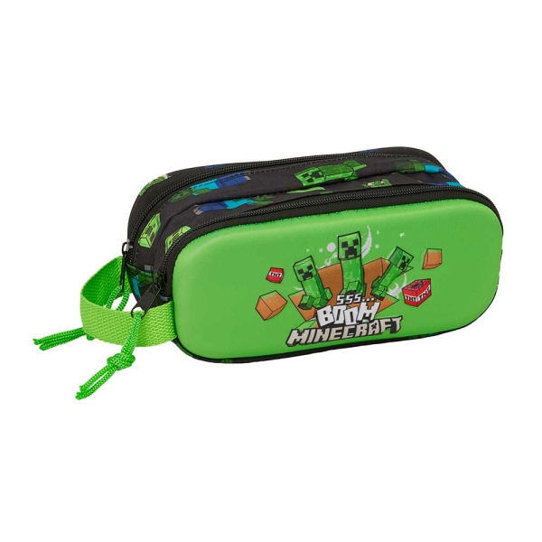 Astuccio Safta Minecraft Boom 3D - 2 scomparti con cerniera - Maniglia laterale - Capacità 1 litro - 21x8x6 cm - Verde e nero