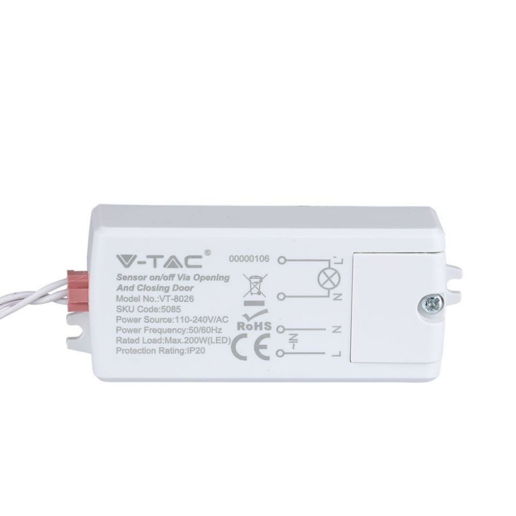 V-TAC Sensore di Movimento a Infrarossi 30° Attivazione tramite Apertura/Chiusura Porta (5-6cm) Colore Bianco (Max 200W) IP20