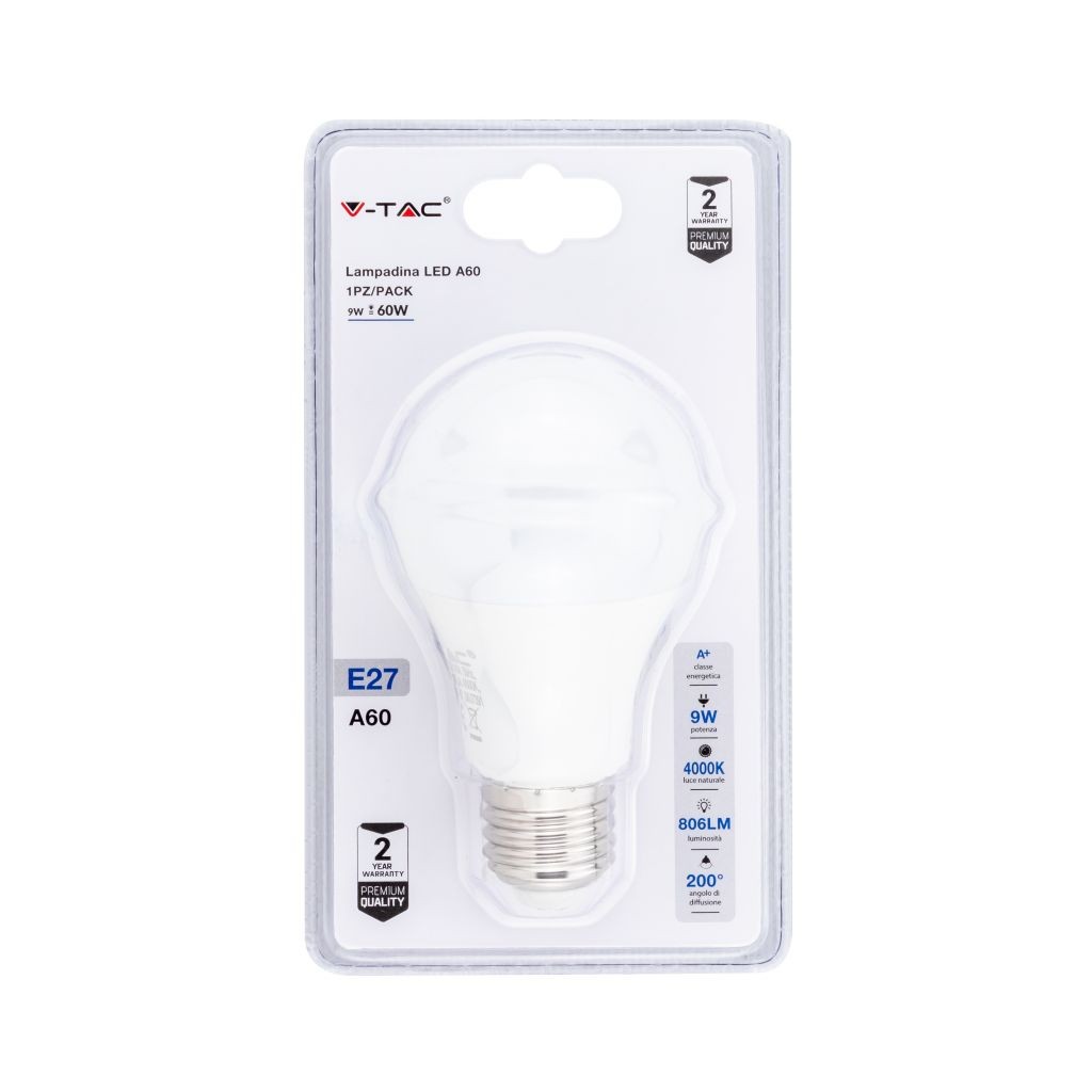 V-TAC Lampadina LED E27 9W A60 4000K (Blister 1 Pezzo)