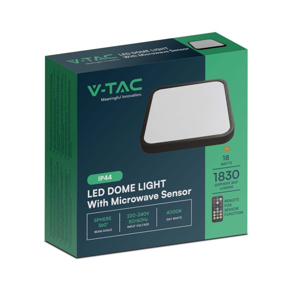 V-TAC Plafoniera LED Quadrata 18W con Telecomando e Sensore di Movimento a Microonde Colore Nero 4000K IP44
