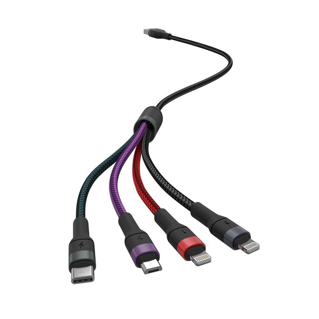 V-TAC Cavo 4in1 da USB-A a USB Tipo-C Micro-USB 2x Lightning (iPhone) 1.2m Ricarica Rapida 2.4A Colore Nero