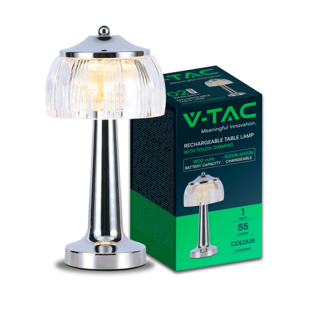 V-TAC Lampada LED da Tavolo 1W 13.5*26.5 Colore Cromo Ricaricabile con USB C Touch Dimmerabile 3in1