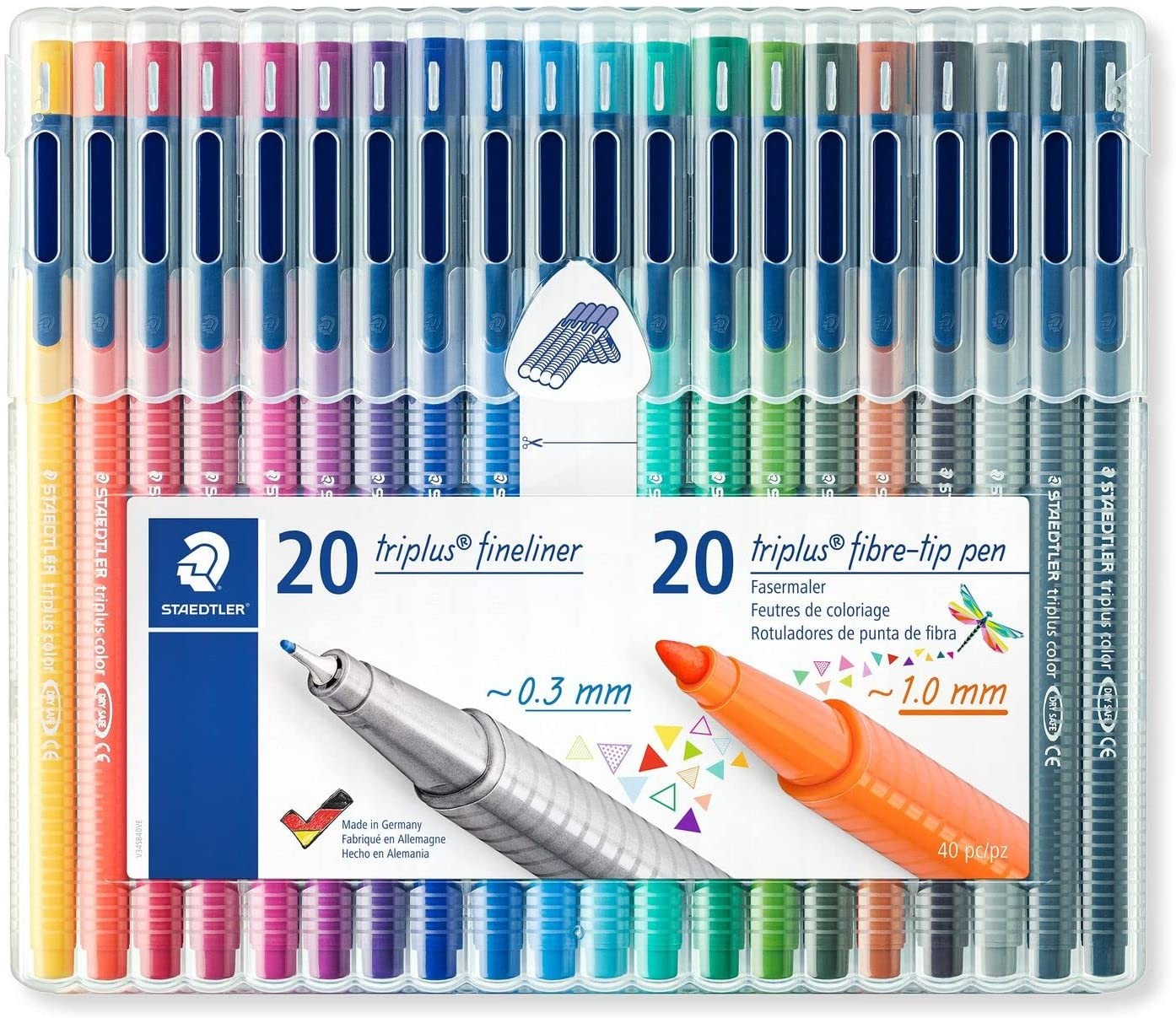 Staedtler Triplus Confezione da 20 Penne Punta Fine 03 mm + 20 Penne Punta Fibra 1 mm - Cappuccio con Clip - Colori Assortiti