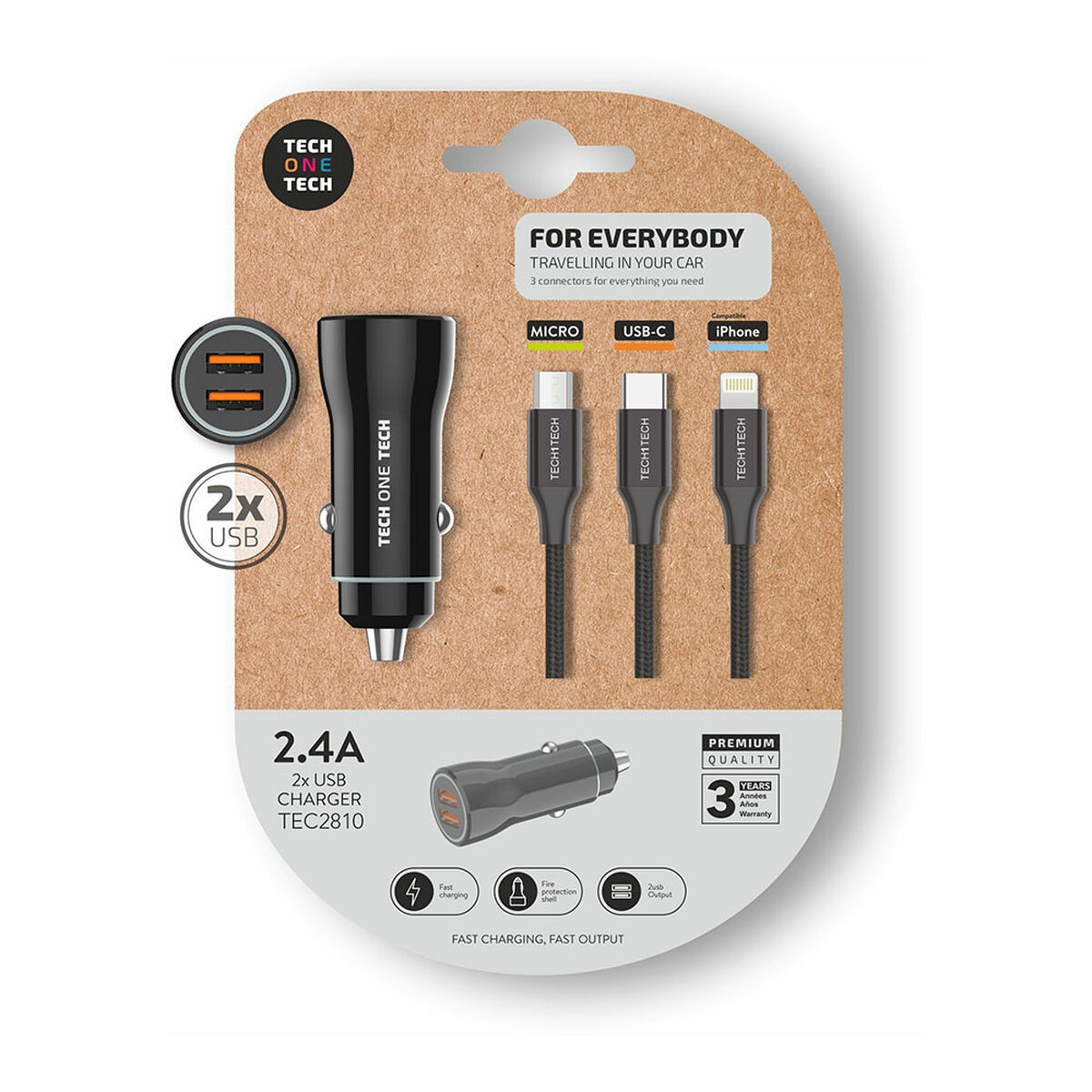 TechOneTech Caricabatteria da Auto 2x USB-A + Cavo MicroUSB 3 in 1 Lightning e USB-C - Nero