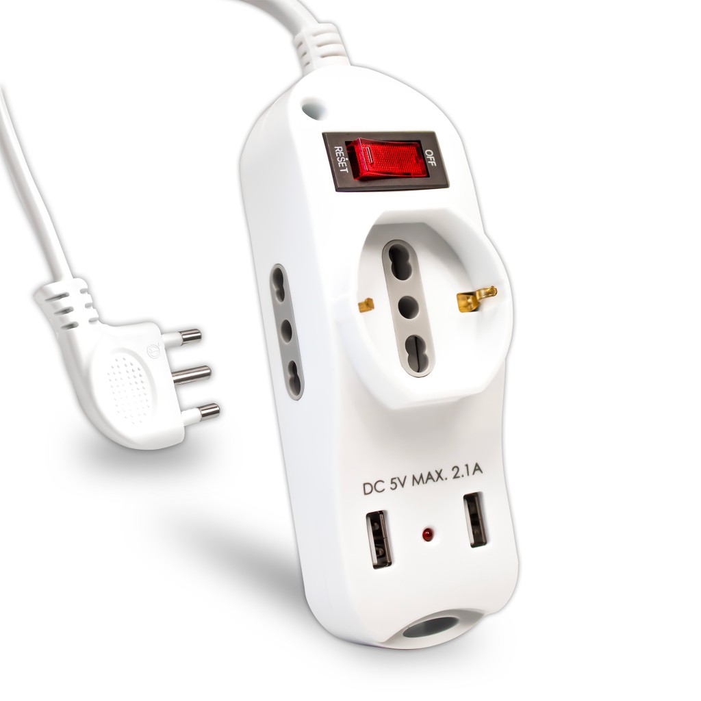 V-TAC, 8745, Multipresa Con Cavo 1,5Mt 2 Prese Laterali 10/16A Bipasso E Una Frontale 10/16A Shuko Con Interruttore E 2USB Spina 16A, Bianco-image