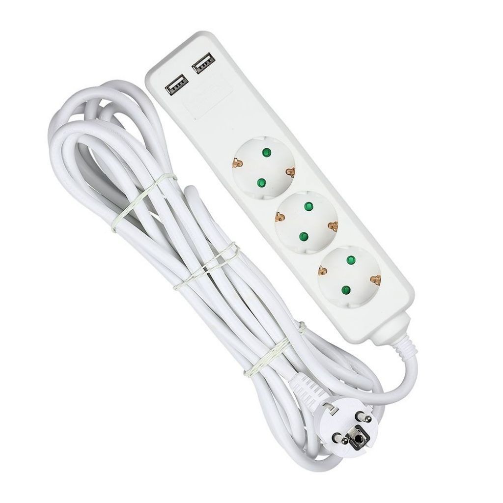 V-TAC Multipresa con Cavo 5m 3 Prese 10A 2P + Schuko 2 USB e Interruttore Luminoso Spina Schuko Colore Bianco
