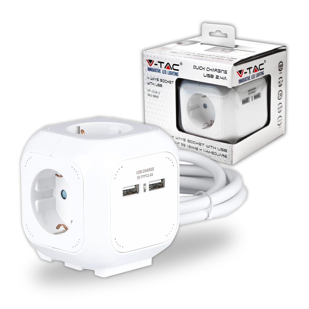 V-TAC Multipresa Cubica con Cavo 14 m 4 Prese Schuko e 2 USB e Spina Schuko Colore Bianco