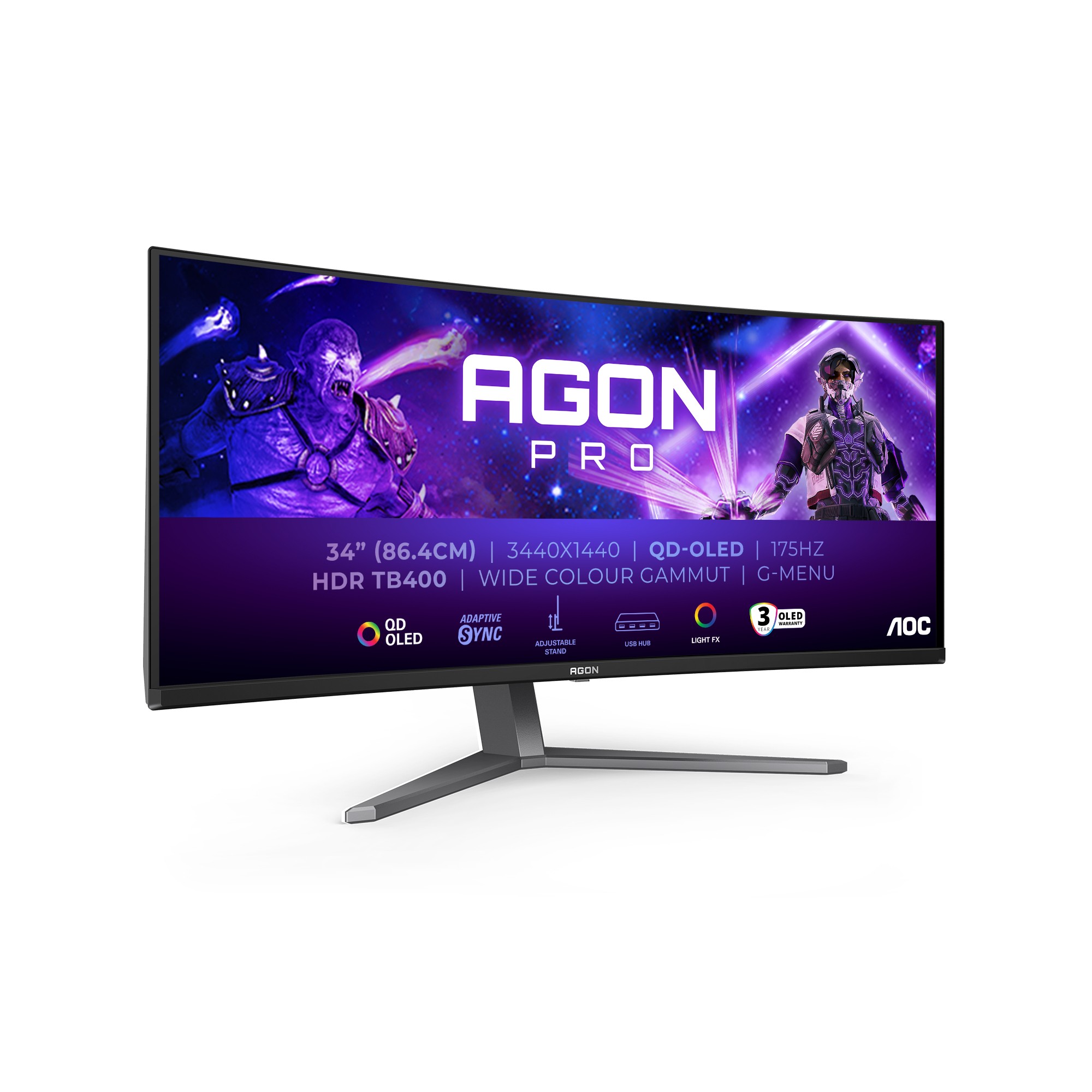 AOC AGON PRO AG346UCD Monitor PC 864 cm (34) 3440 x 1440 Pixel Wide Quad HD QD-OLED Nero Grigio