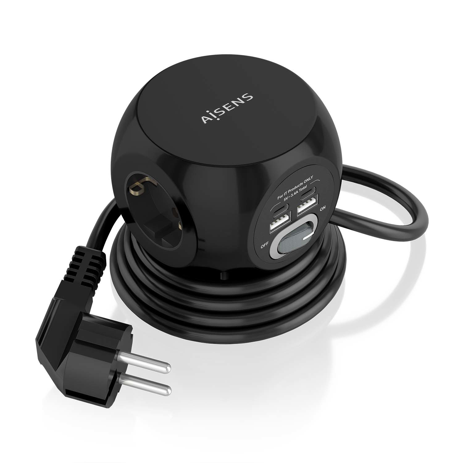 Aisens Multipresa Da Tavolo Multifunzione Con 3 Prese + 2 X USB-C- 2 X USB-A - 1,4 M - Nero-image