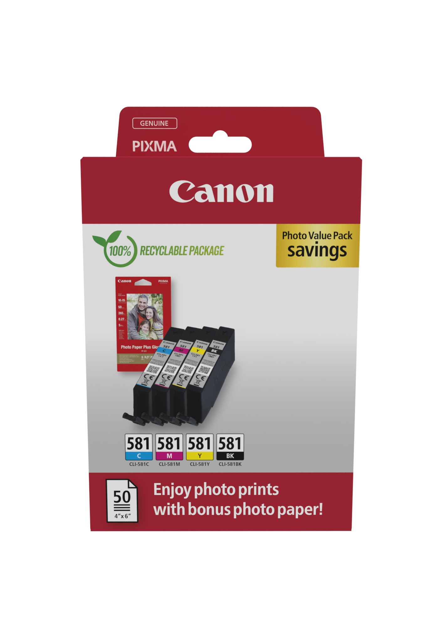 Canon CLI581 Confezione da 4 cartucce d'inchiostro originali - 50 fogli di carta fotografica - 2106C005/2106C006