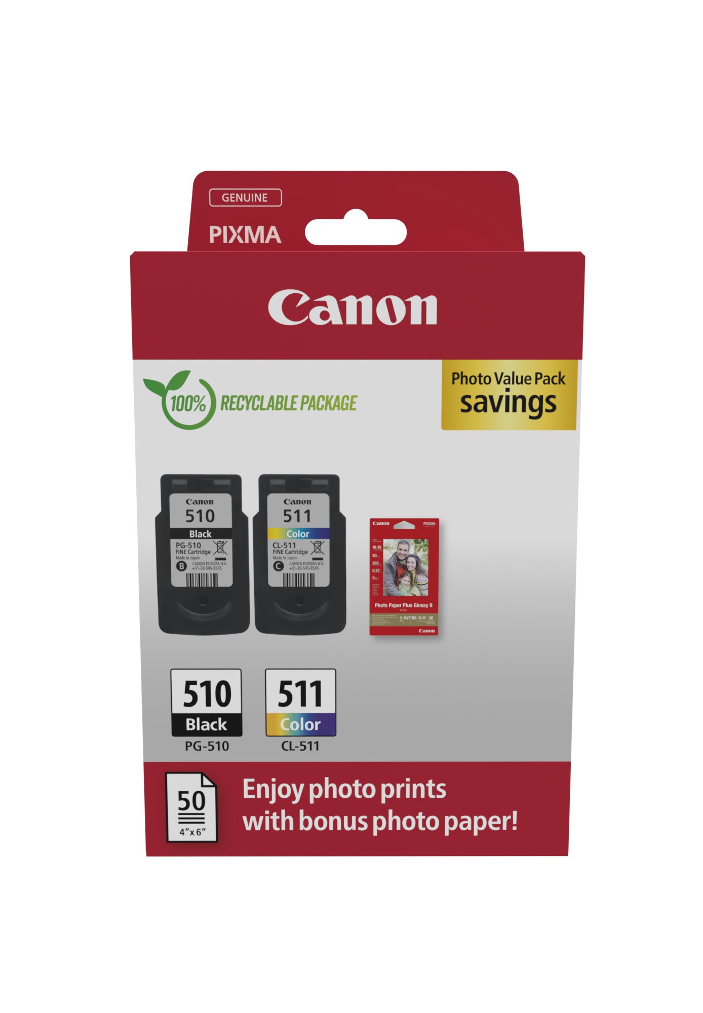 ORIGINALE Canon Value Pack nero / differenti colori / Bianco PG-510+CL-511 + 10x15 cm Fotopapier 50 fogli
