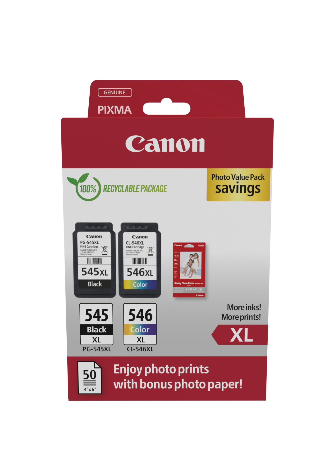 ORIGINALE Canon Value Pack nero / differenti colori PG-545XL + CL-546XL + 10x15 cm Fotopapier 50 fogli 700 pagine