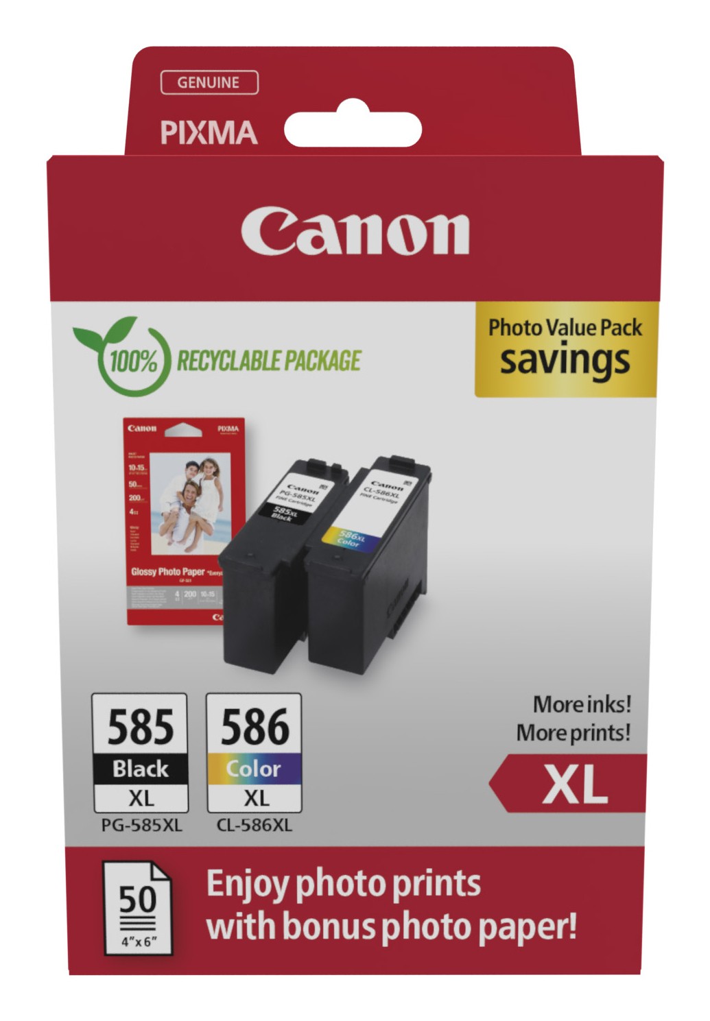 ORIGINALE Canon Value Pack nero / ciano / magenta / giallo PG-585XL+CL-586XL + 10x15 cm Fotopapier 50 Blatt 600 pagine