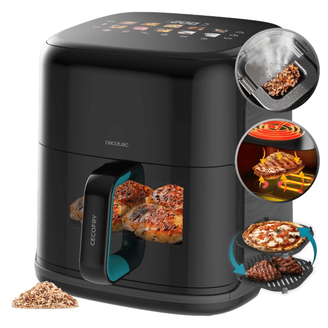 Cecotec Cecofry and Grill Smokin'Prime 6500 Freidora de Aire con Doble Resistencia - 2200W - Capacidad 6.5L - Temperatura Regulable - Grill - Ahuma