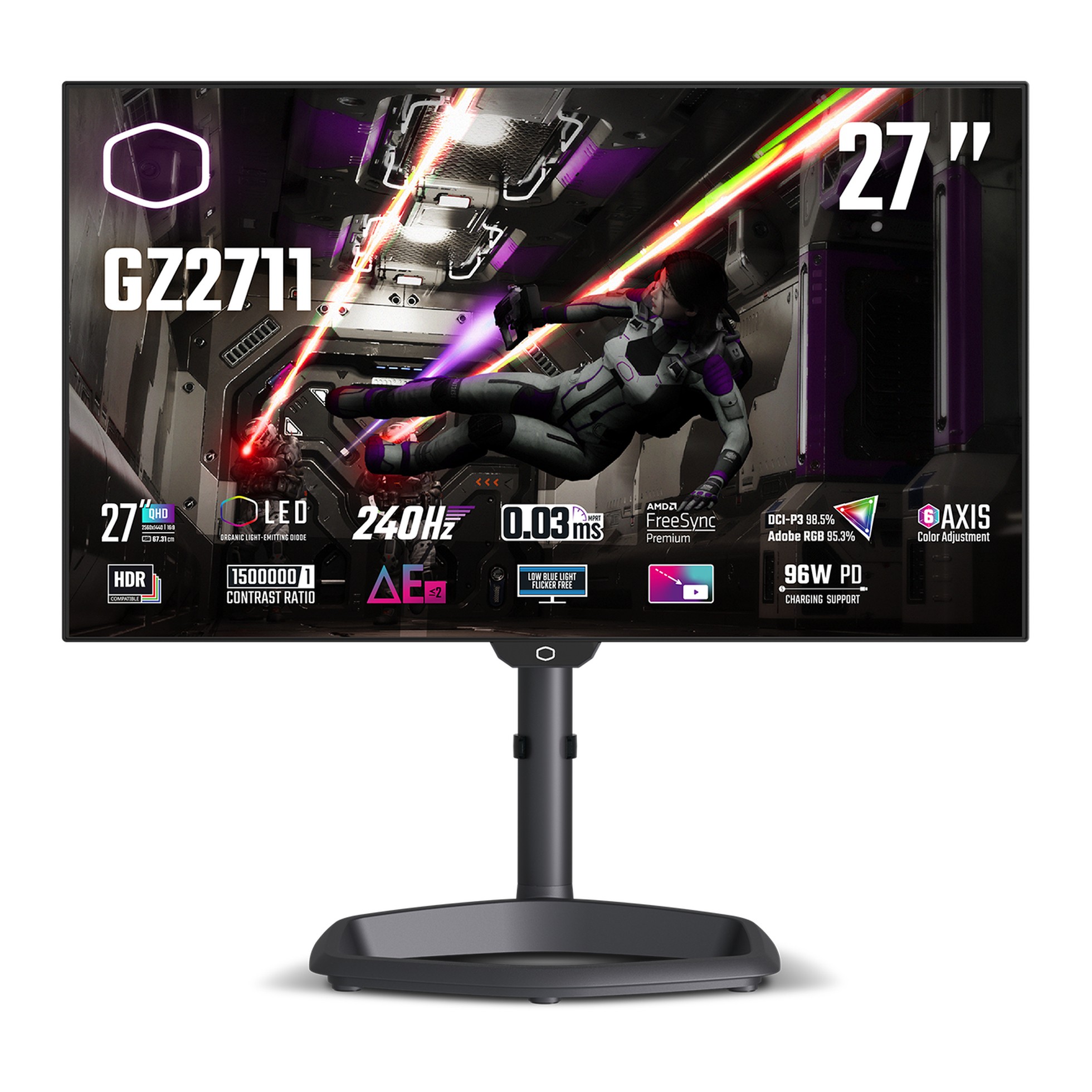Cooler Master Monitor 27 Oled 16:9 Qhd 03 Ms 240Hz Dci-P3 985 Adobe Rgb 953 Pivot Usb-C Dock Dp/Hdmi Multimediale Tempest Gz2711