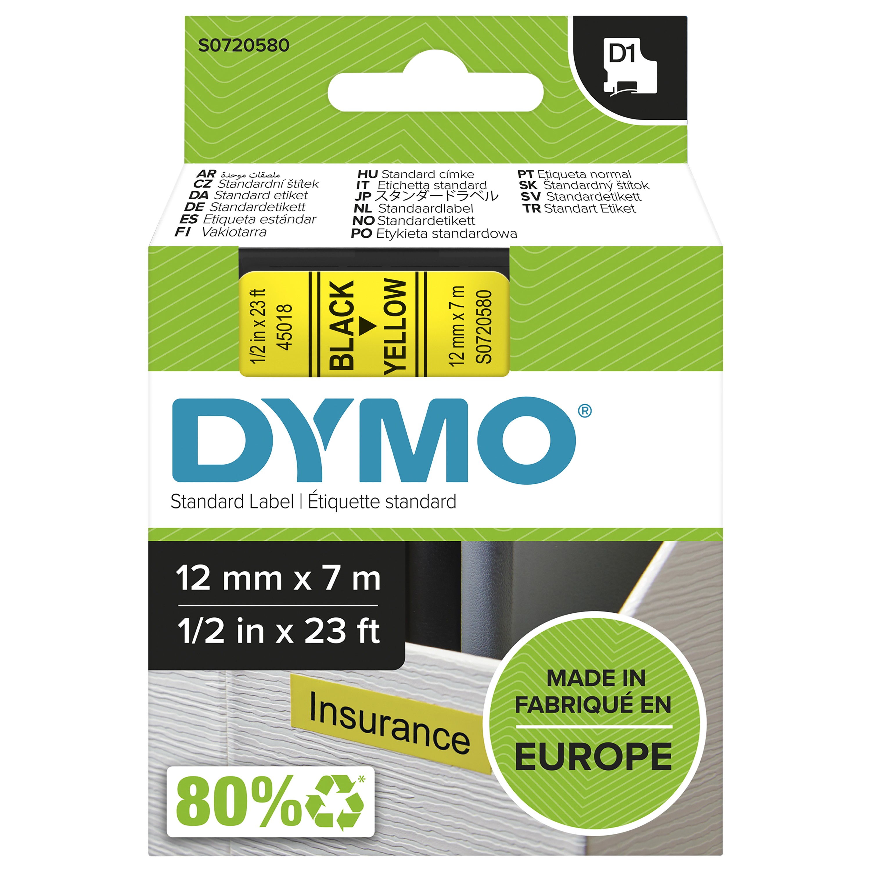 Dymo D1 etichette originali | stampa nera su giallo | 12 mm x 7 m | etichette autoadesive per etichettatrice LabelManager | 1 Pezzo