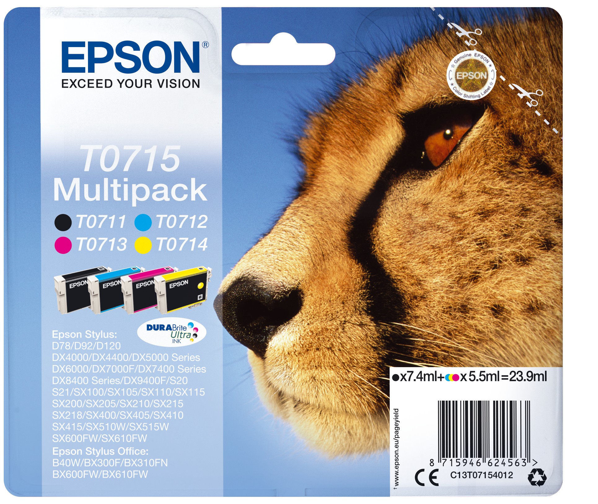 ORIGINALE Epson Multipack nero / ciano / magenta / giallo C13T07154012 T0715 4 cartucce: T0711 + T0712 + T0713 + T0714