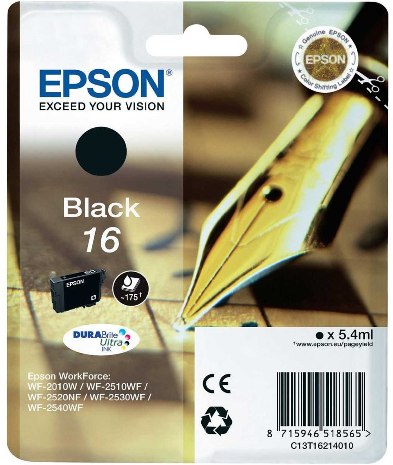 Epson Cart Ink Nero Per Wf-2510Wf Wf-2520Nf Wf-2530Wf Wf-2540Wf Serie 16 Penna E Cruciverba
