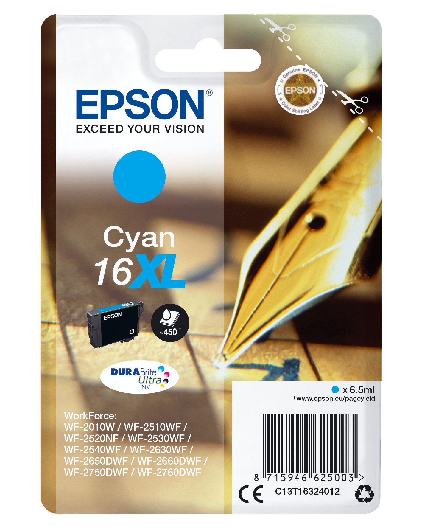 Epson Cart Ink Xl Ciano Per Wf-2510Wf Wf-2520Nf Wf-2530Wf Wf-2540Wf Serie 16Xl Penna E Cruciverba