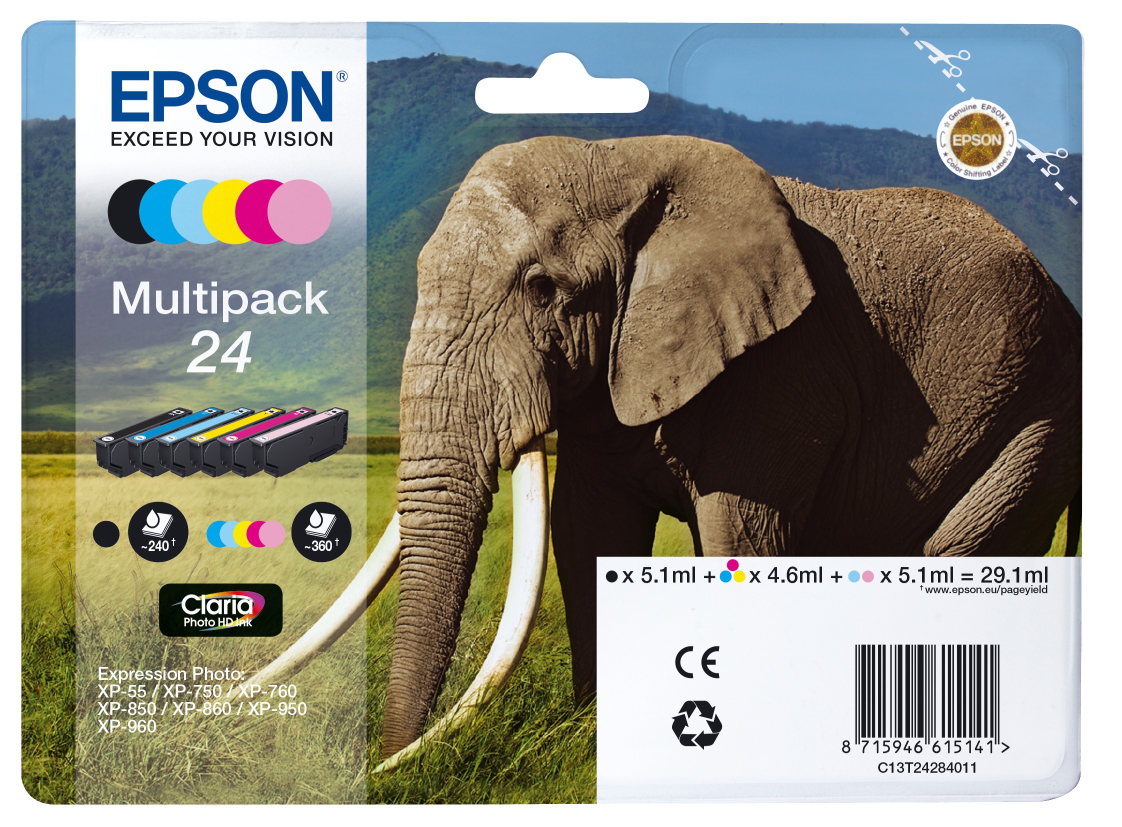 ORIGINALE Epson Multipack nero / ciano / magenta / giallo / ciano (chiaro) / magenta (chiaro) C13T24284011 24 6 cartucce d'inchiostro: T2421-T2426
