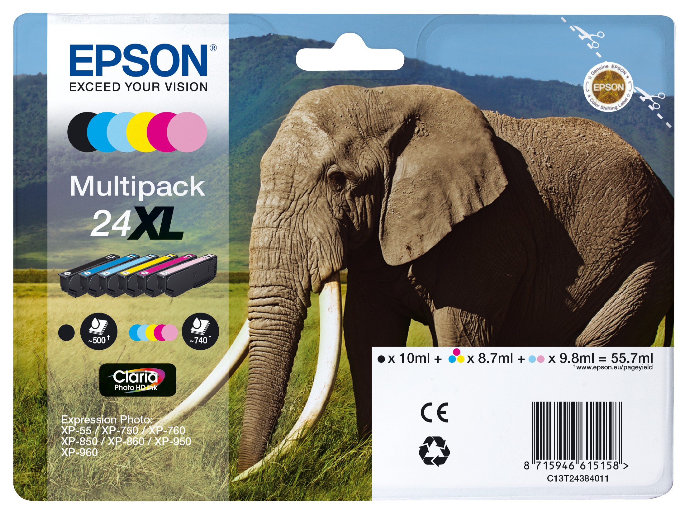 Epson Serie 24 Elefante, Cartucce Getto D'inchiostro Claria Photo Hd, Formato Xl Per Fotografie Ottime A 6 Colori, Stampa Fino A 740 Foto A Colori-image